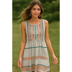 Savanna Jane Boho Sleeveless Embroidered Lined Dress Summer Spring S